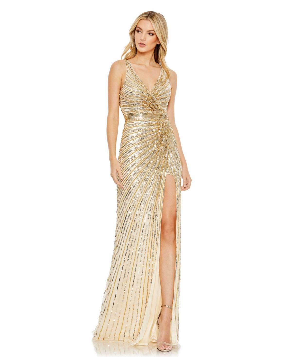 Womens Sequined Faux Wrap Sleeveless Gown Product Image