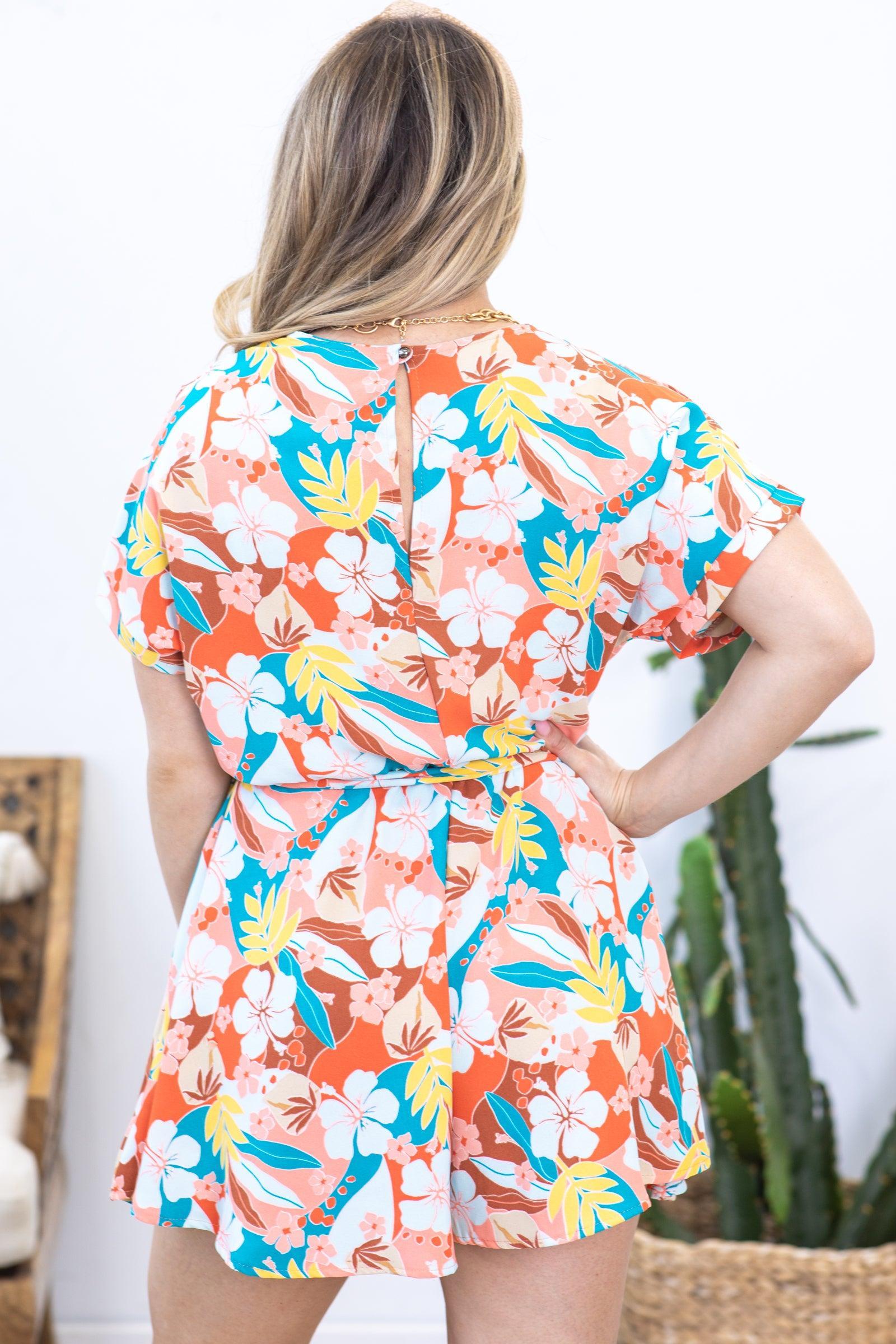 Coral Tropical Floral Print Romper Product Image