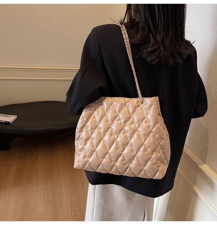 Chain Strap Plain Quilted Faux Leather Tote Bag Product Image