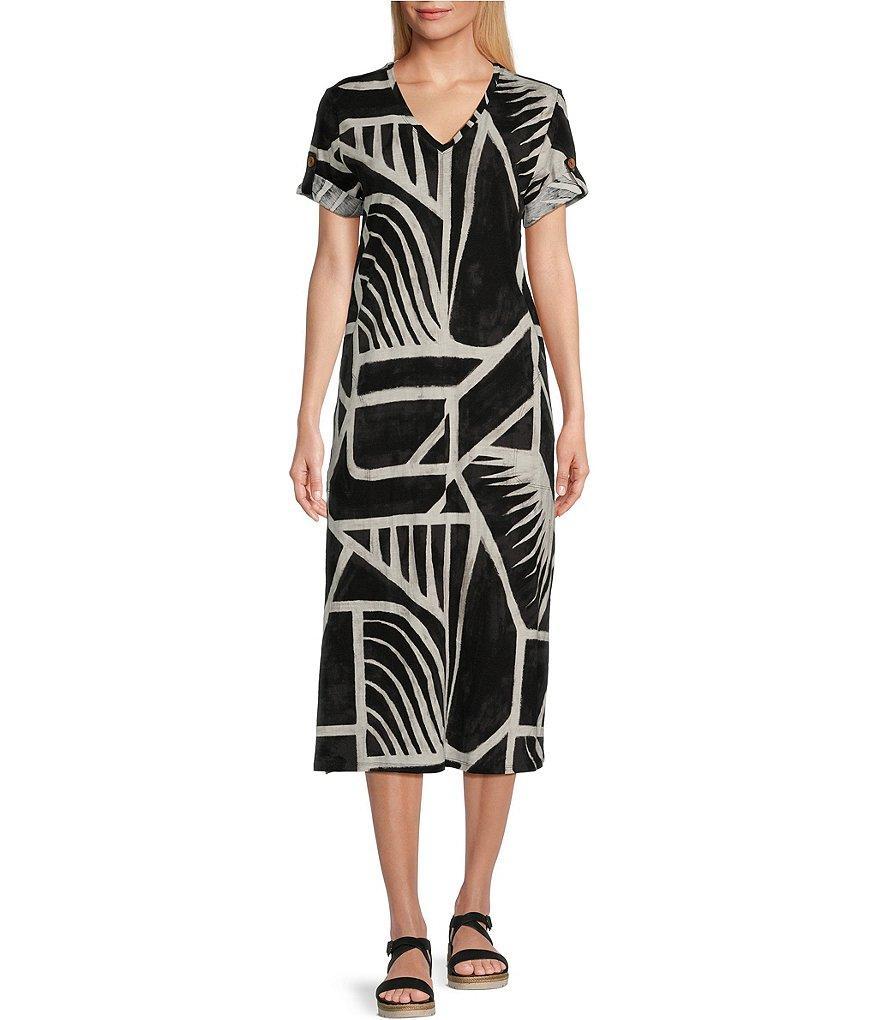 Westbound Petite Size Geometric Print Short Roll-Tab Sleeve V-Neck Shift Midi Dress Product Image