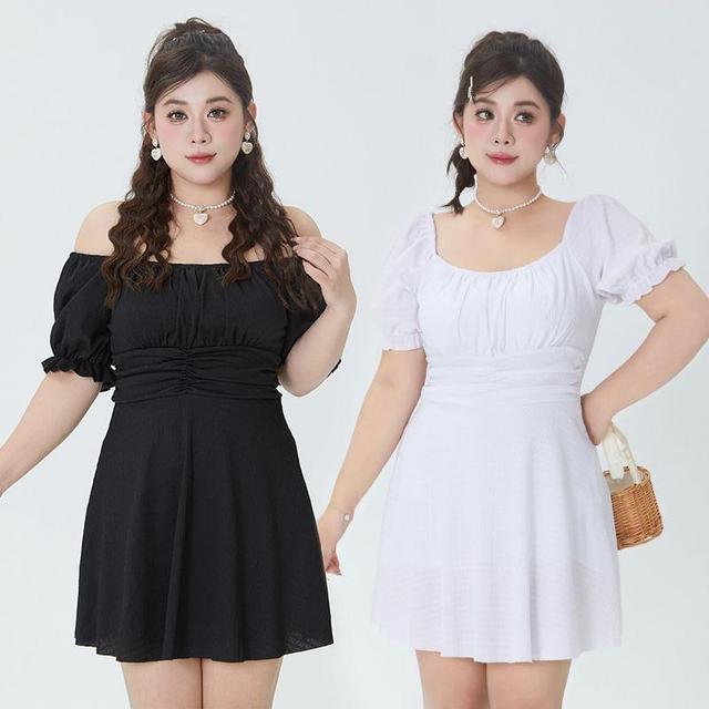 Short-Sleeve Off-Shoulder Plain Ruched Swim Dress Product Image