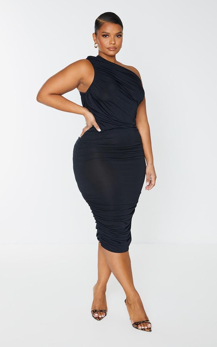 Plus Black Slinky Ruched One Shoulder Longline Midi Dress Product Image