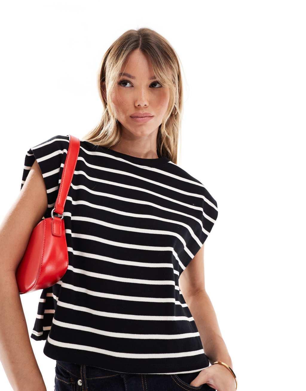 Mango shoulder detail striped top in black Product Image