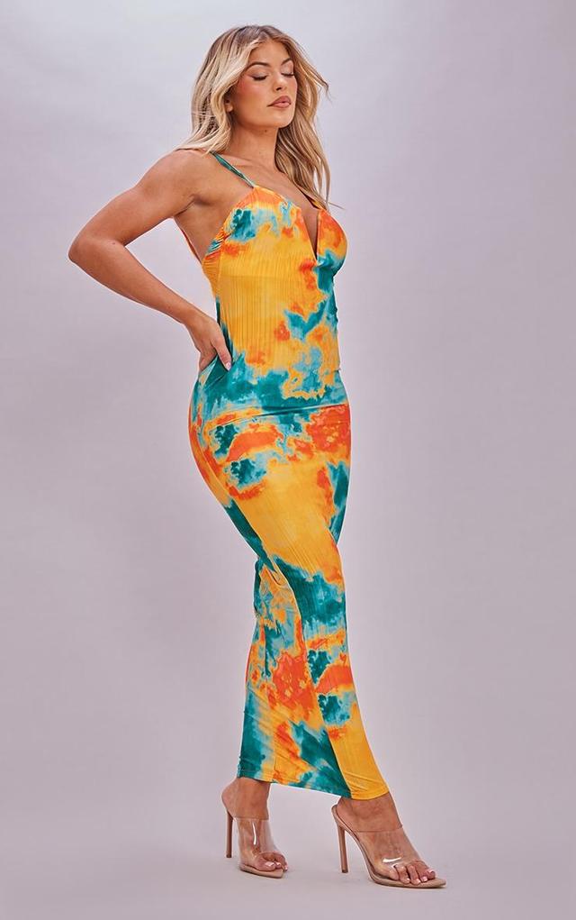 Blue Abstract Plisse Wired Plunge Ruched Bum Maxi Dress Product Image