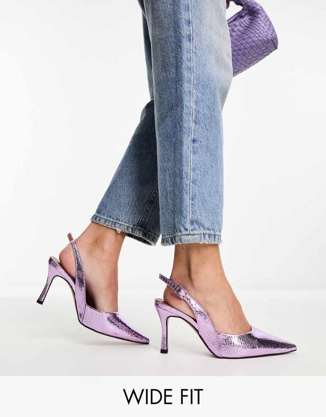 ASOS DESIGN Wide Fit Samber slingback stiletto heels in lilac metallic Product Image