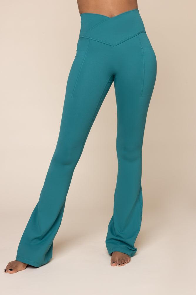 Crisscross Hourglass® Flared Leggings with Pockets - Emerald Product Image