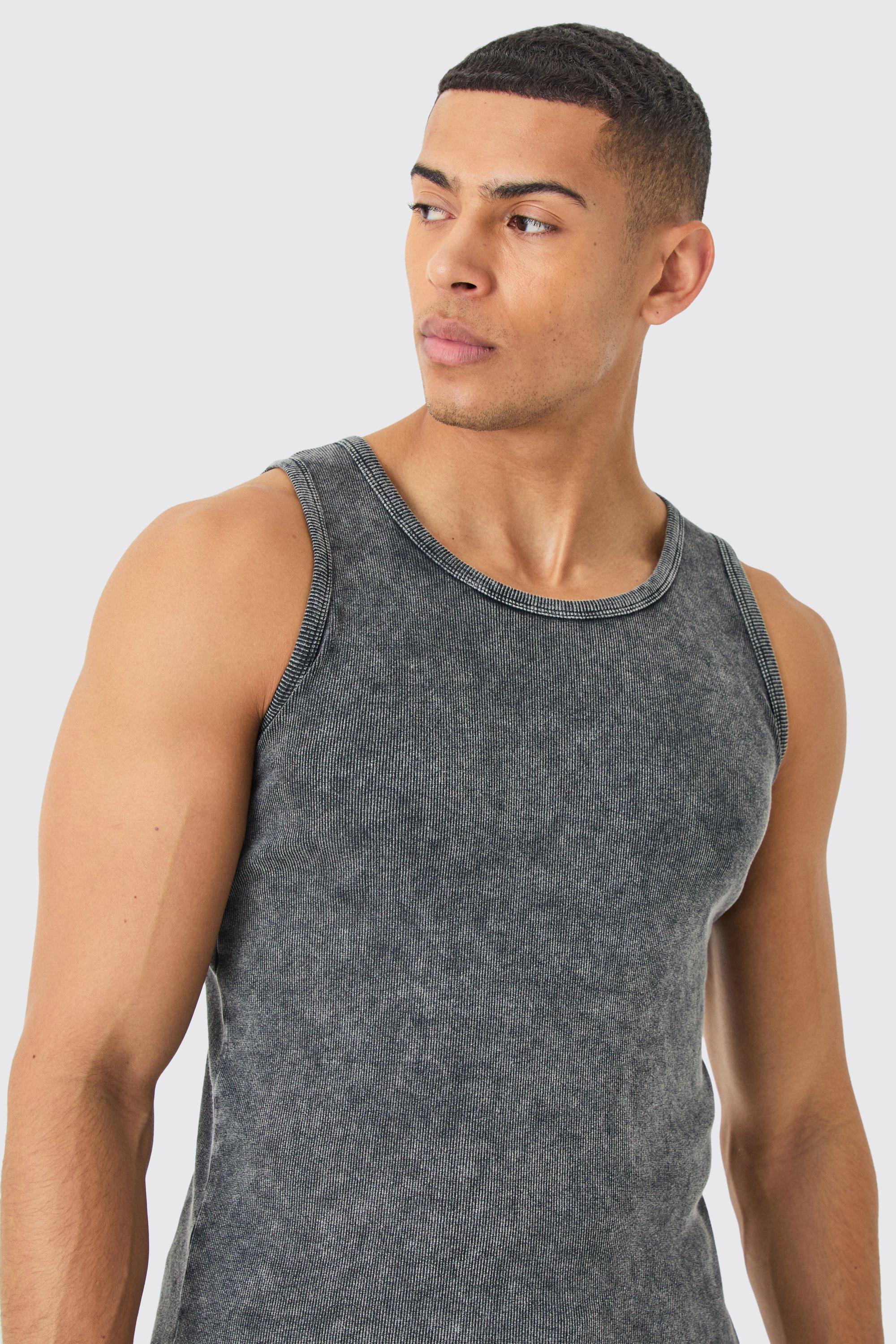 Muscle Fit Acid Wash Ribbed Vest | boohooMAN USA Product Image