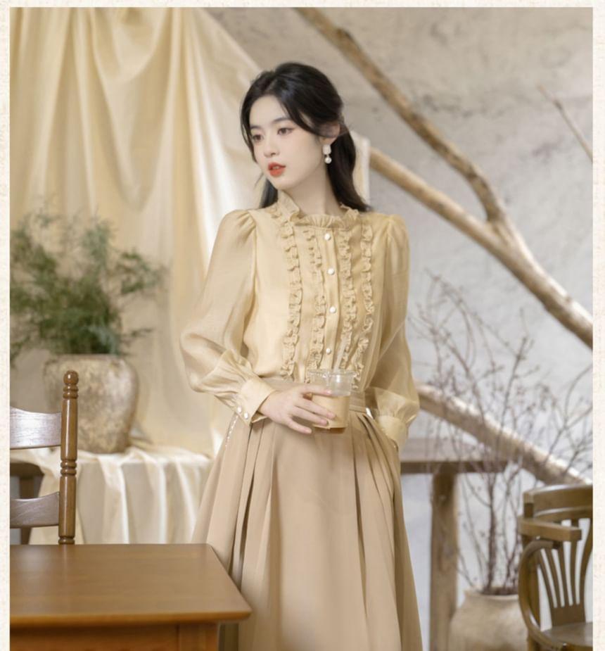 V-Neck Tweed Button Vest / Long-Sleeve Crew Neck Plain Ruffle Trim Blouse / Mid Rise Midi A-Line Skirt / Set Product Image