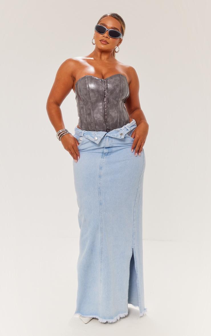 Shape Light Blue Wash Denim Fold Over Low Waisted Maxi Skirt Product Image