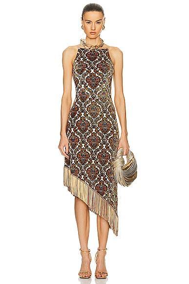 RABANNE Jacquard Fringe Dress in Olive Product Image