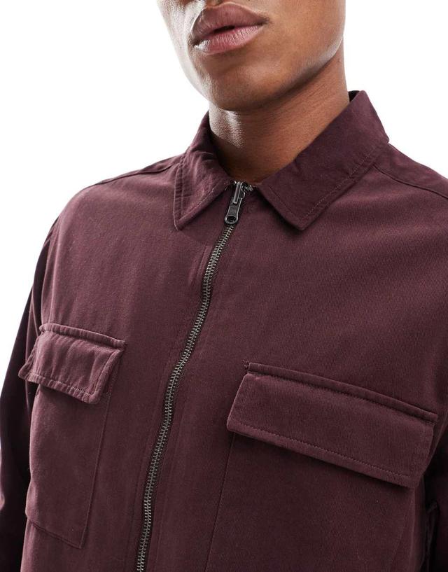 ASOS DESIGN overshirt with front zip in burgundy Product Image