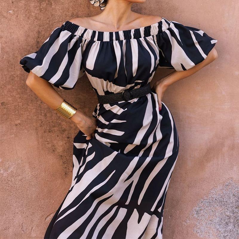 Off Shoulder Zebra Print Maxi A-Line Dress Product Image