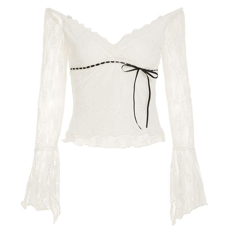 Bell Sleeve V-Neck Floral Embroidered Lace Panel See-Through Slim-Fit Top Product Image