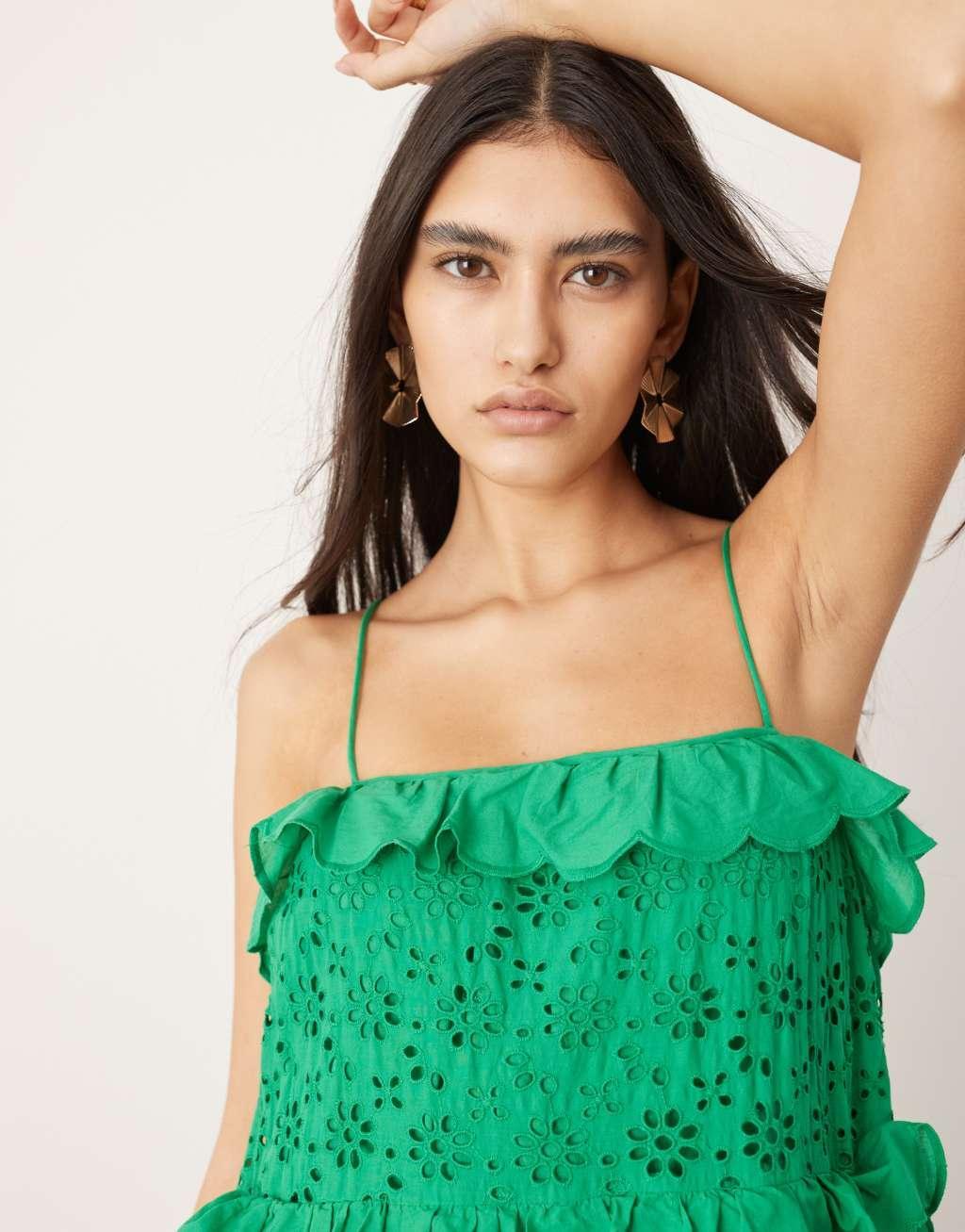 ASOS EDITION strappy eyelet trapeze tiered maxi dress in mid green Product Image