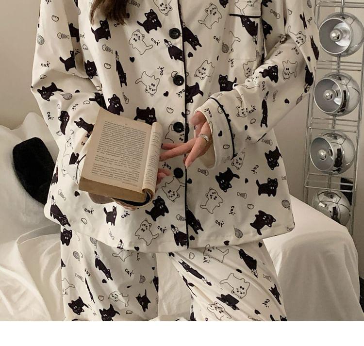 Pajama Set: Cat Print Shirt + Pants Product Image