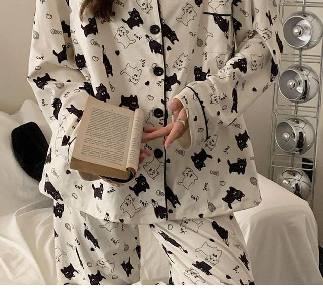 Pajama Set: Cat Print Shirt + Pants Product Image