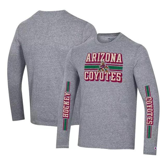 Mens Champion Heather Gray Arizona Coyotes Tri-Blend Dual-Stripe Long Sleeve T-Shirt Product Image