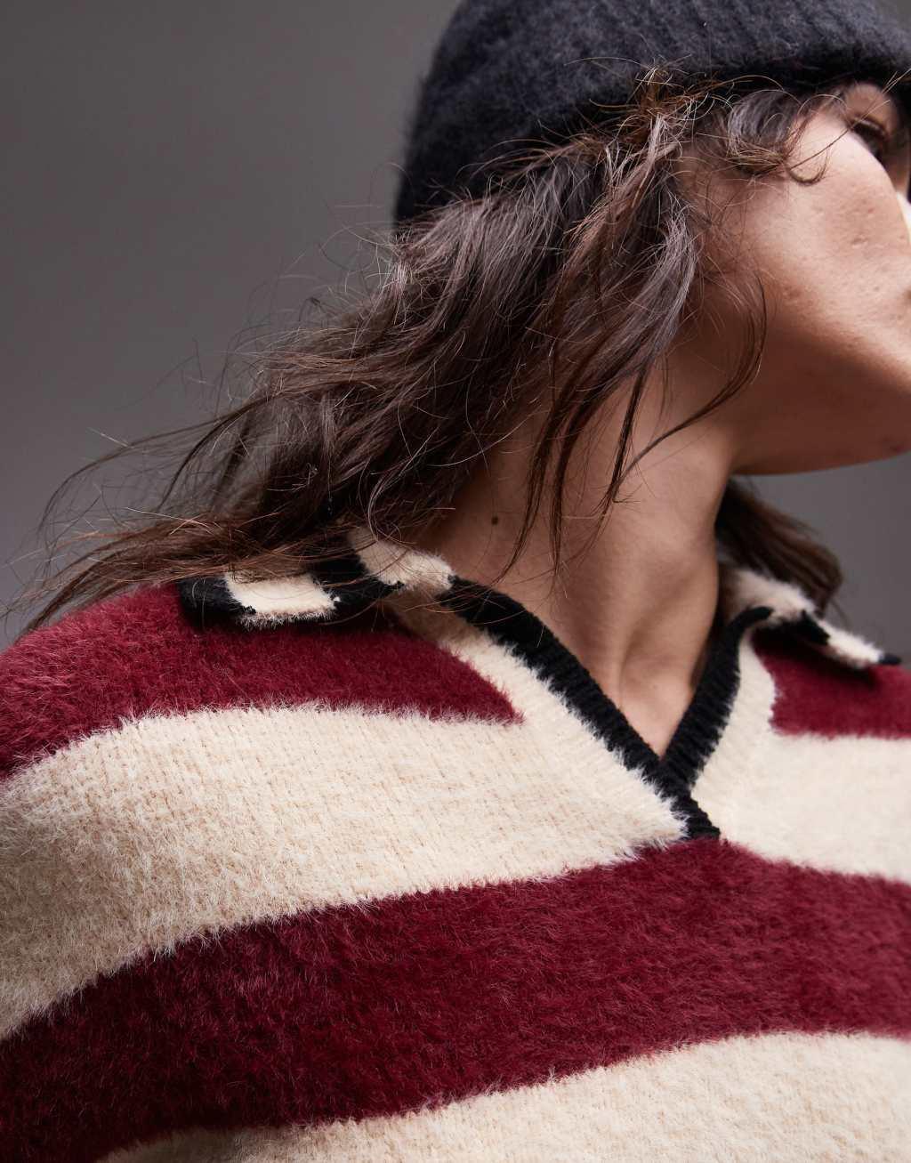 Topshop knitted fluffy stripe relaxed polo in burgundy and ecru Product Image