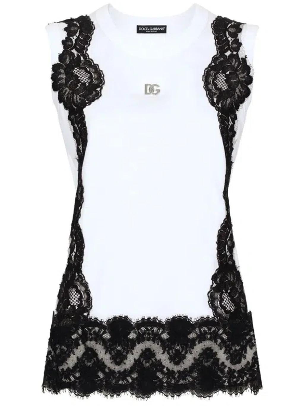 DOLCE & GABBANA Lace-detailing Cotton-blend T-shirt In Varabbinat Product Image