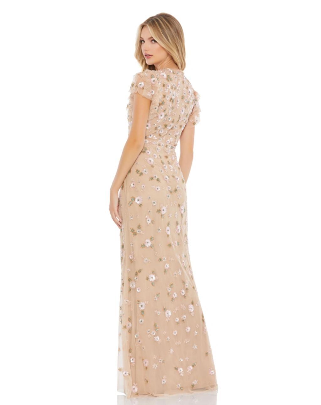 Embellished High Neck Flutter Sleeve Gown In Nude Multi Product Image