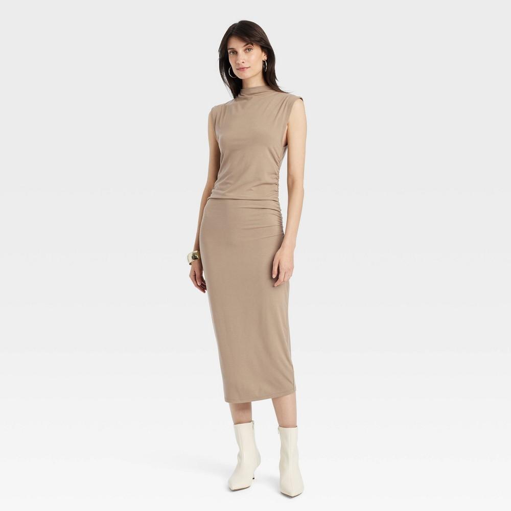 Womens Ruched Knit Midi Dress - A New Day Tan Product Image