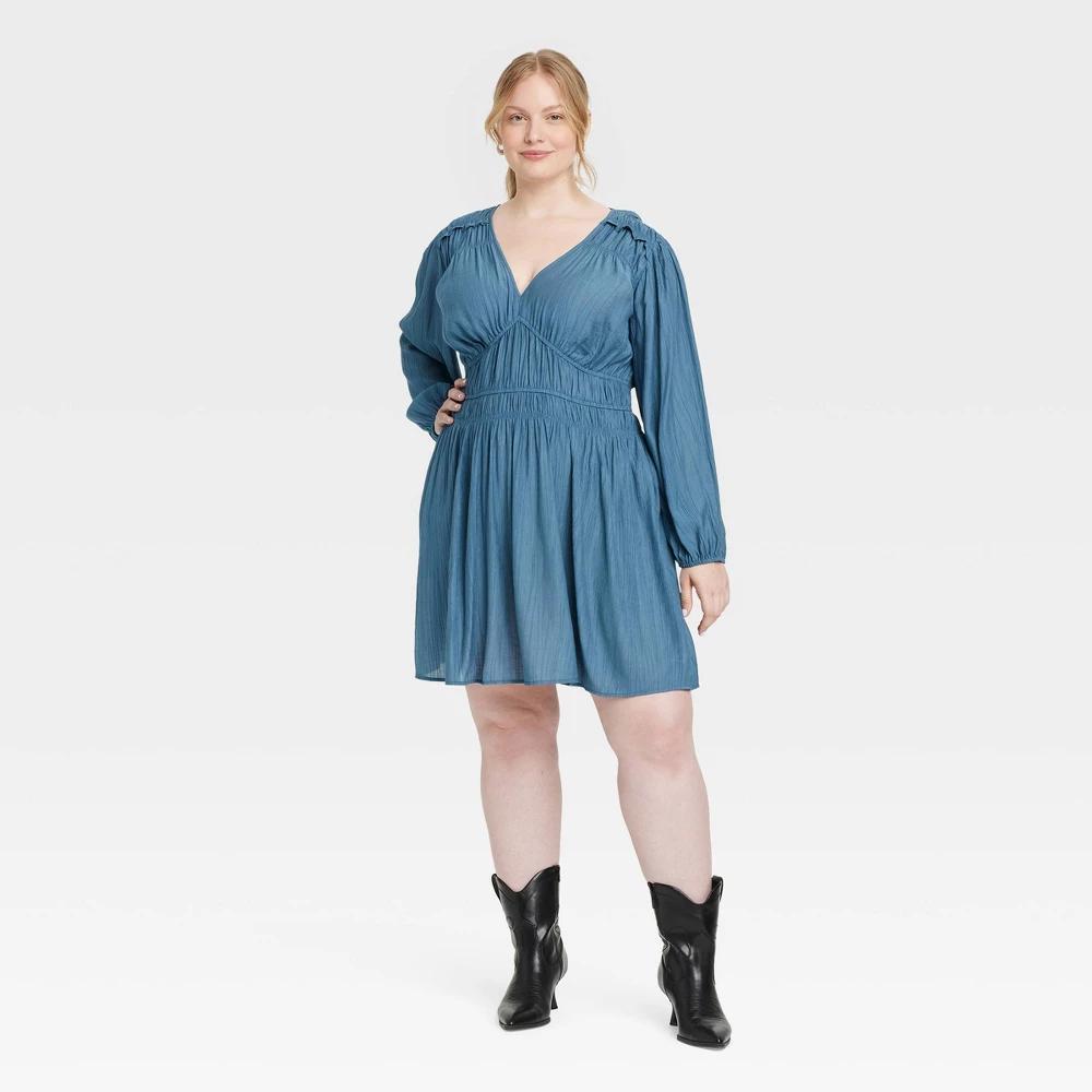 Womens Long Sleeve Smocked Ruffle Mini A-Line Dress - Universal Thread Blue XXL Product Image