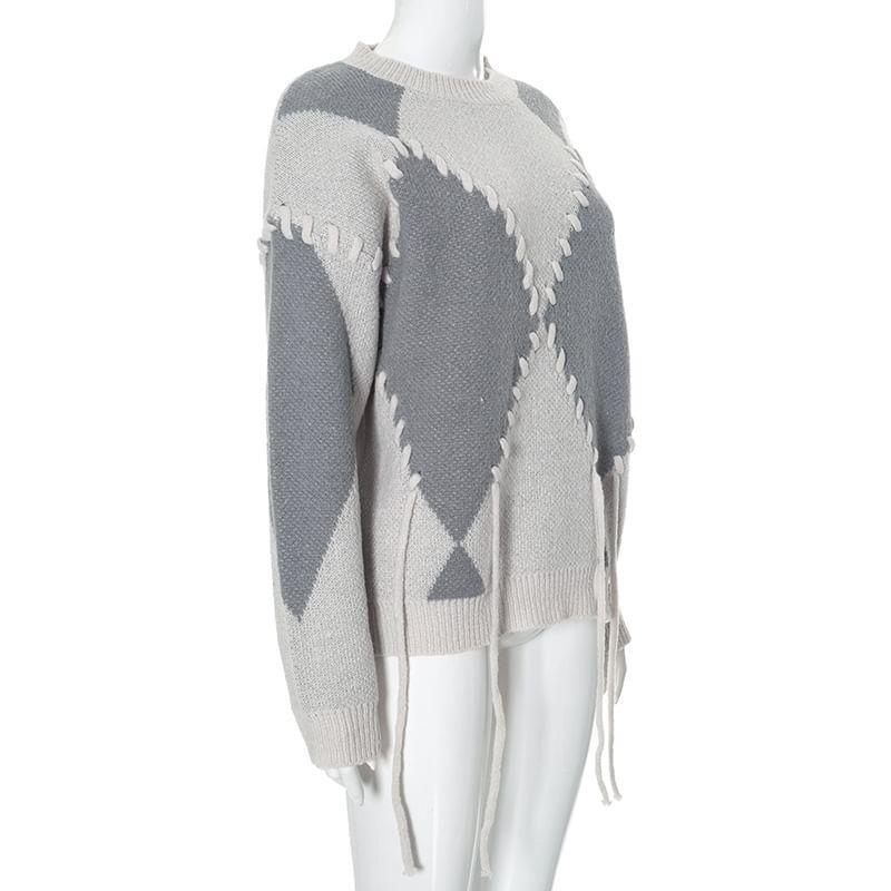 Round Neck Argyle Lace-Up Sweater Product Image