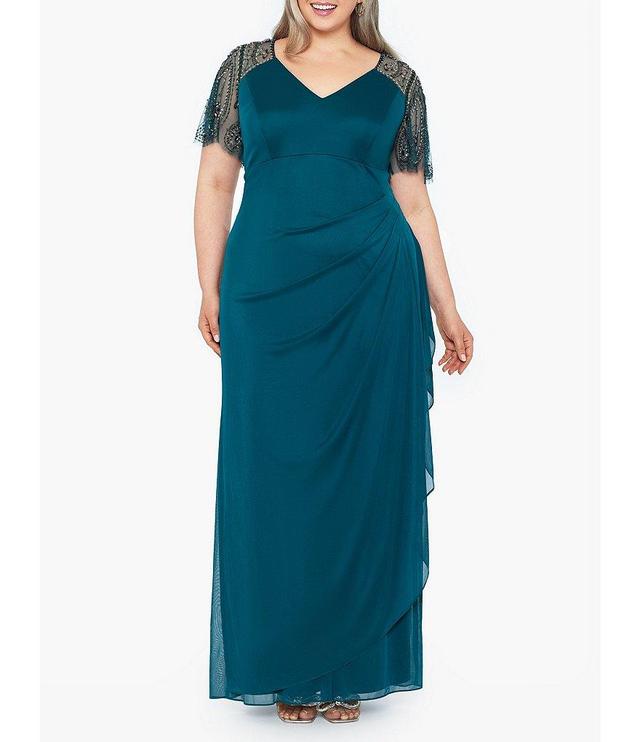 Xscape Plus Size Beaded Short Flutter Sleeve V-Neck Jersey Gown Product Image