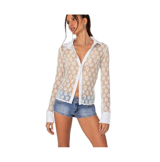 Edikted Womens Cecilia Sheer Lace Button Up Shirt Product Image