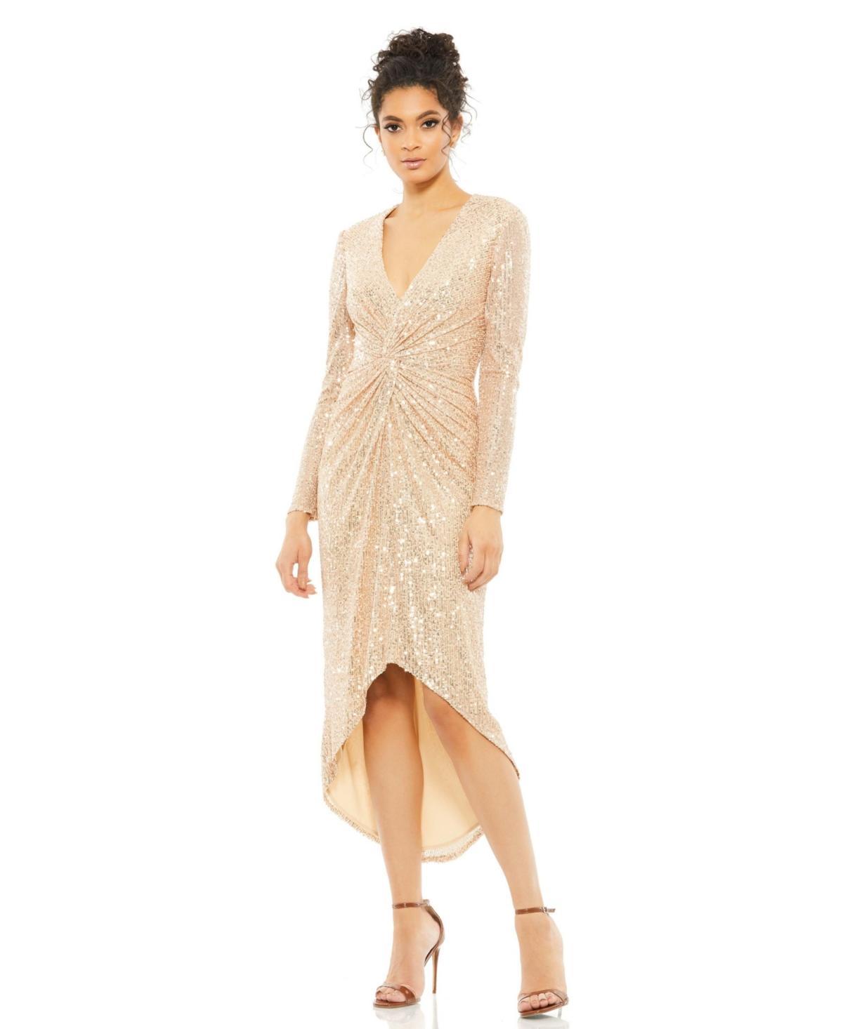 Mac Duggal Metallic Sequin Long Sleeve Faux Wrap Dress Product Image