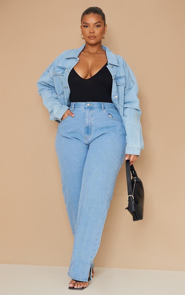 Plus Light Blue Wash Basic Boxy Cropped Denim Jacket Product Image