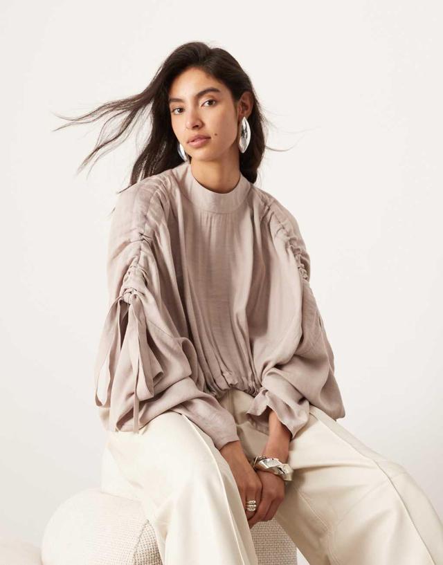 ASOS EDITION ruched detail slouchy oversized sleeve top in mushroom Product Image