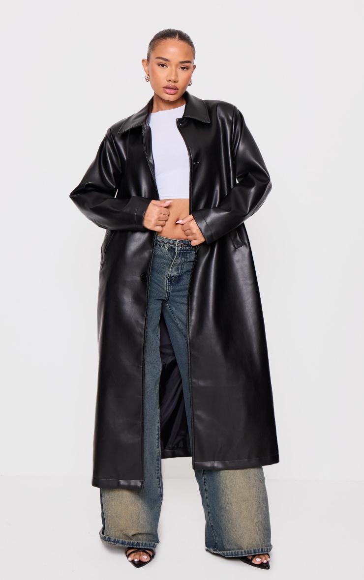 Petite Black Faux Leather Maxi Trench Coat Product Image