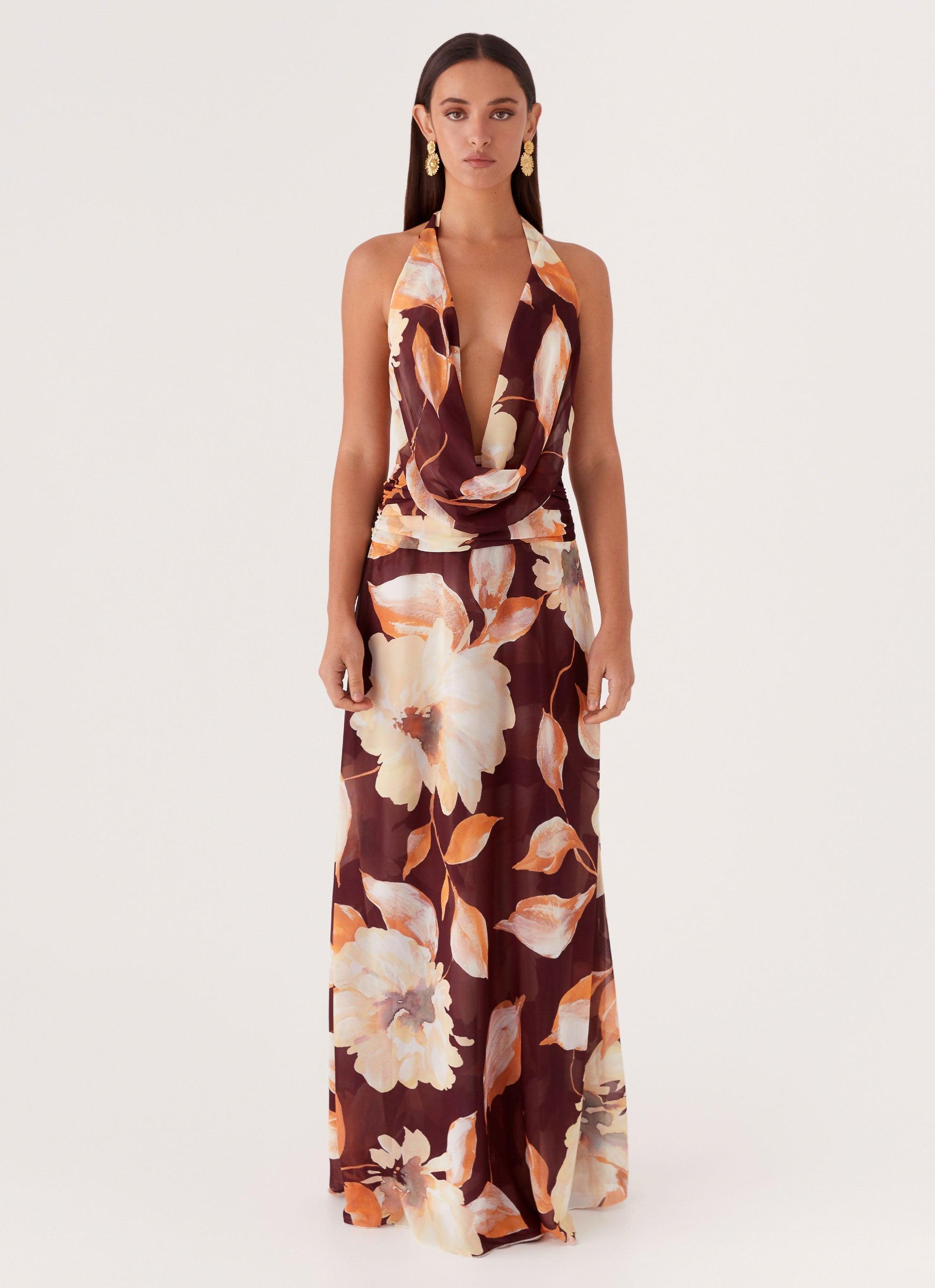 Elysia Chiffon Maxi Dress - Brown Floral Product Image