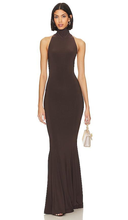 Norma Kamali Halter Turtleneck Fishtail Gown Chocolate. (also in L, M). Product Image