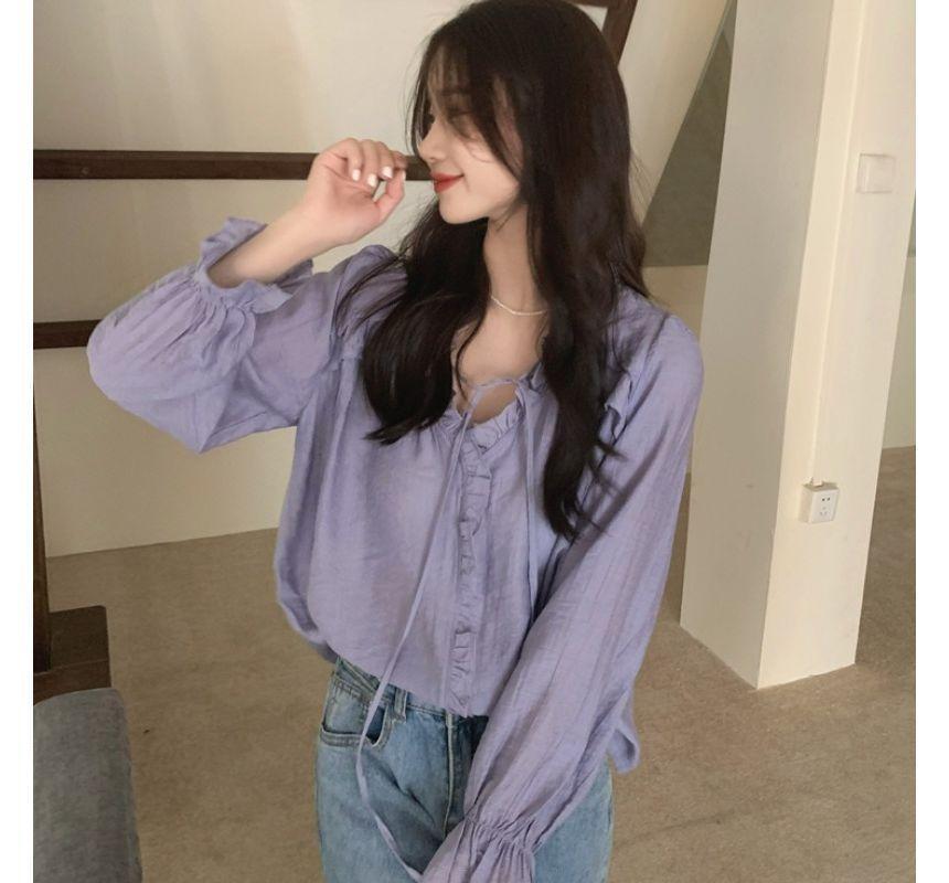 Long-Sleeve Tie-Neck Plain Frill Trim Blouse Product Image