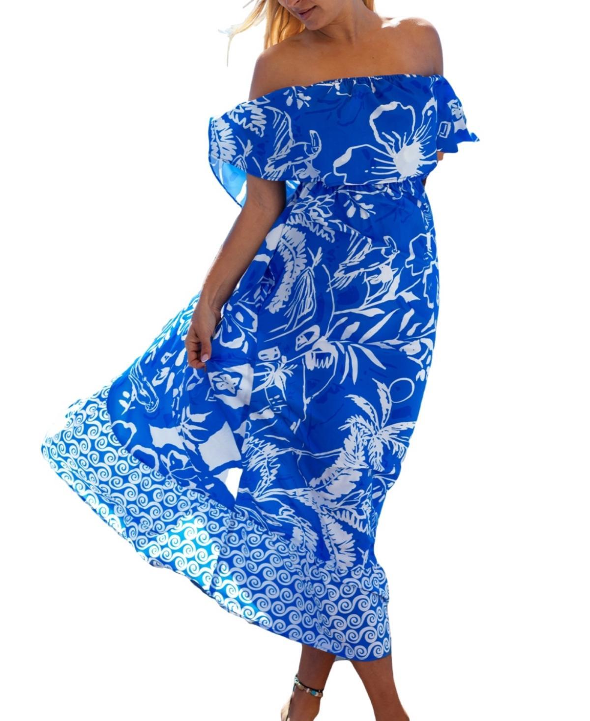 Cupshe Womens Blue Floral Off-Shoulder Maxi Beach Dress Product Image