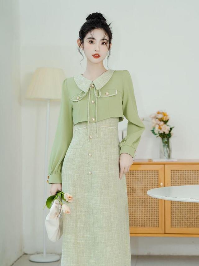 Long Sleeve Collared Mock Two Piece Faux Pearl Button Midi A-Line Dress Product Image