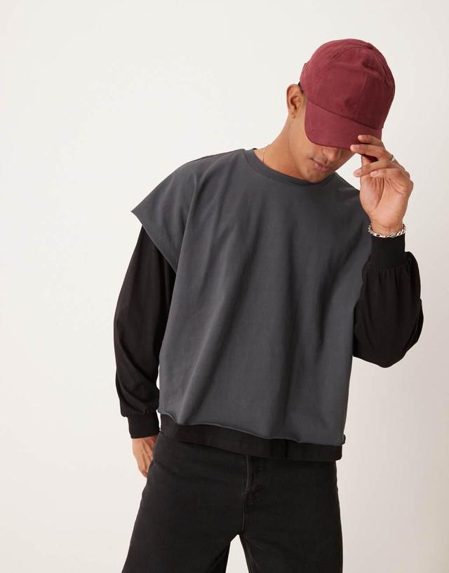 ASOS DESIGN extreme oversized boxy double layer long sleeve t-shirt in washed black Product Image