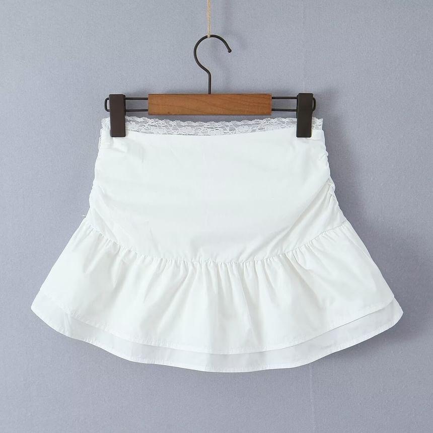 High Rise Plain Lace Trim Drawstring Layered Mini A-Line Skirt Product Image