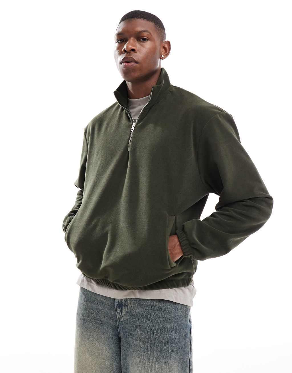 ASOS DESIGN oversized boxy half zip fleece sweatshirt in green Product Image