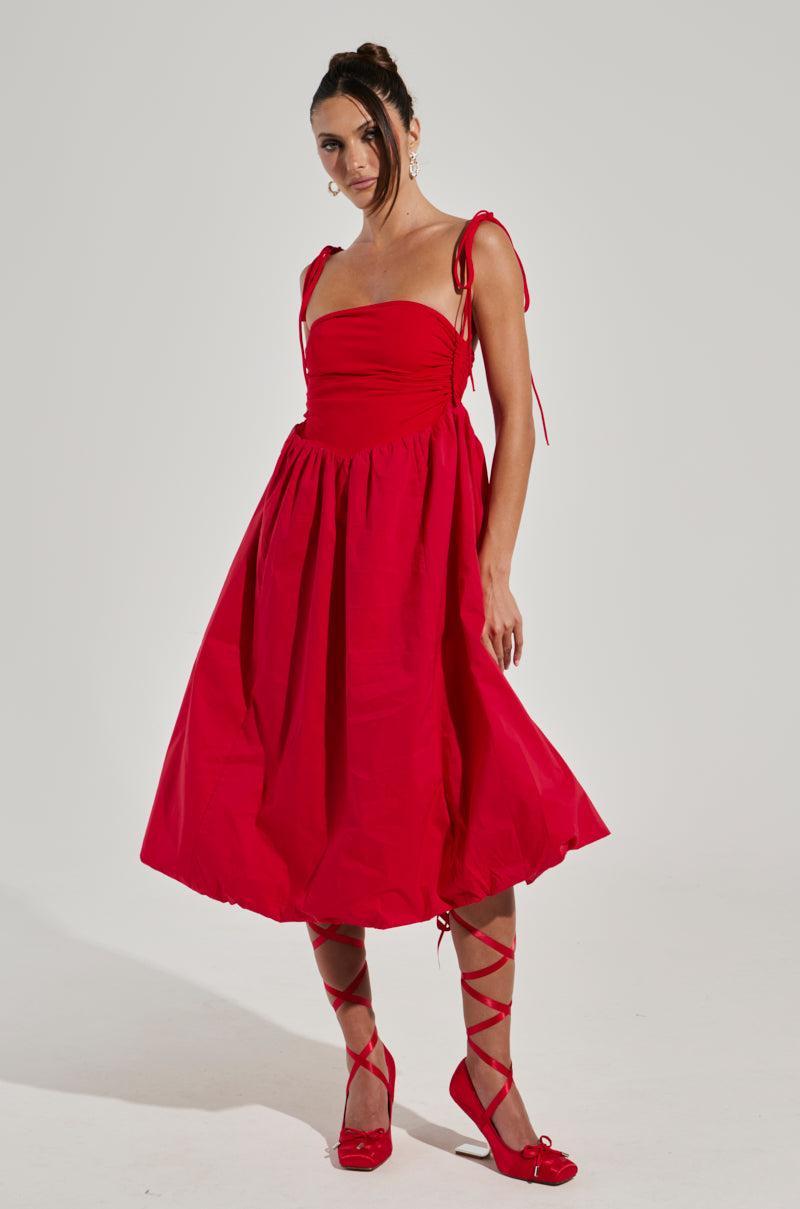 SITTING PRETTY POPLIN MIDI DRESS IN RED Product Image