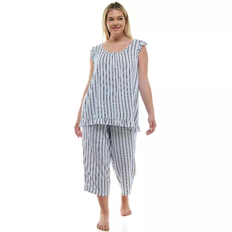 Plus Size Croft & Barrow Ruffled Pajama Tank Top & Pajama Capri Pants Set, Womens Blue Product Image