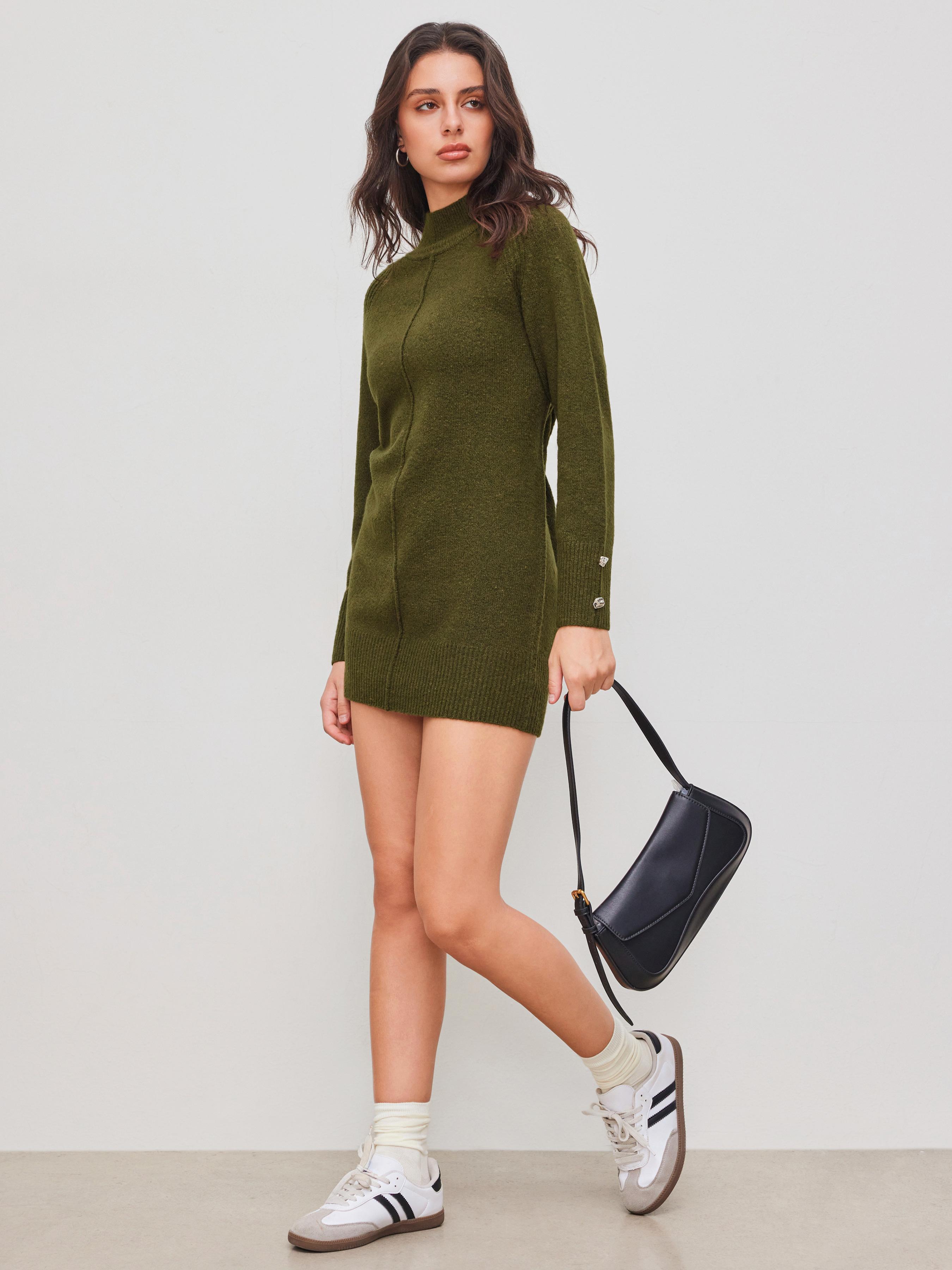 Knitted High Neck Solid Oversized Long Sleeve Mini Dress product image