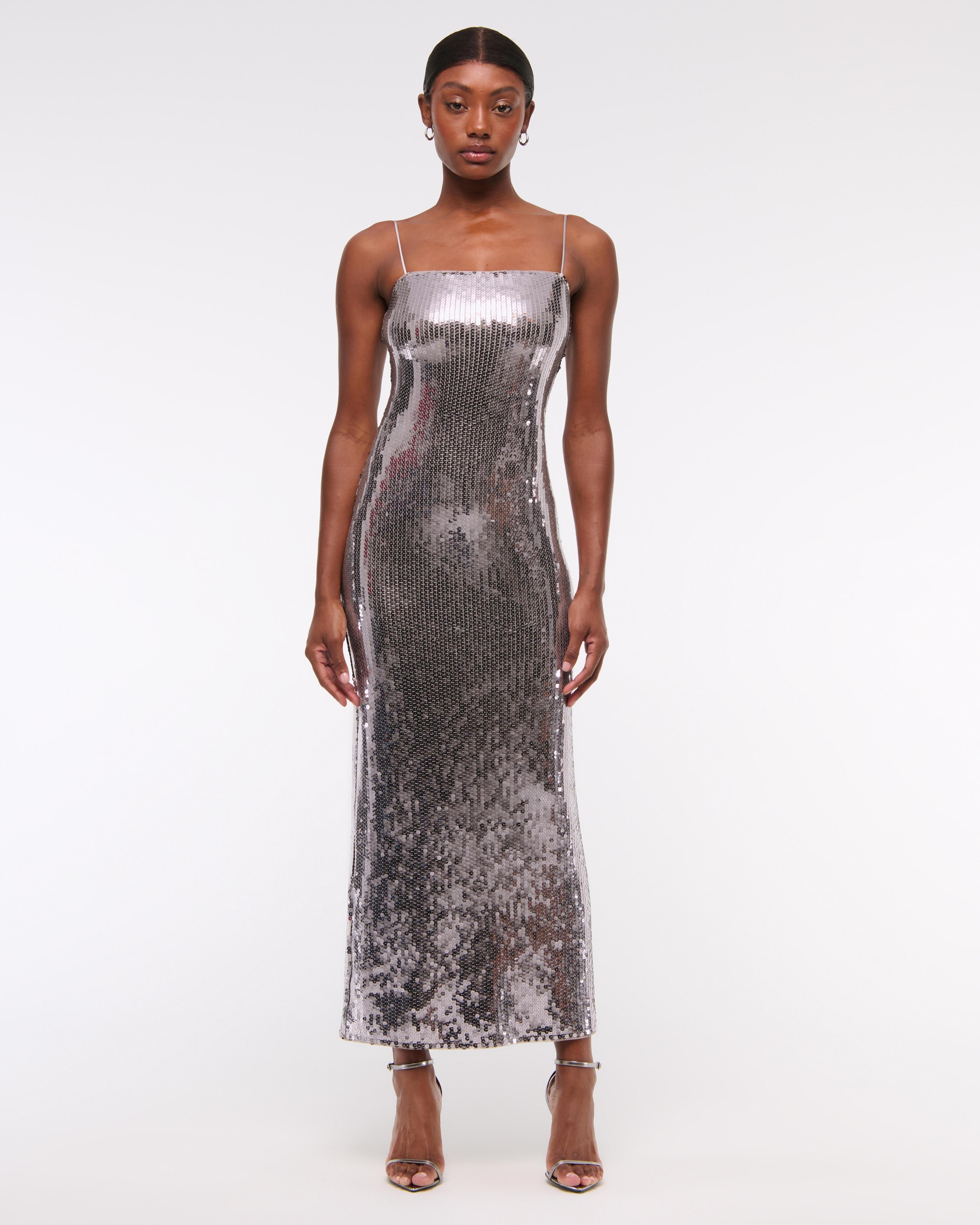 Straight Neck Sequin Midi Dress Product Image