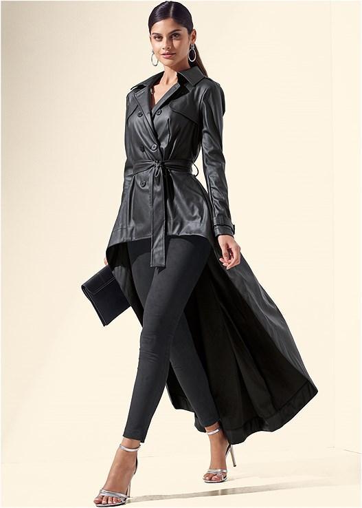 Venus Womens Trench Coats - Black Belted Double-Breasted Hi-Low Trench Coat - Women Product Image