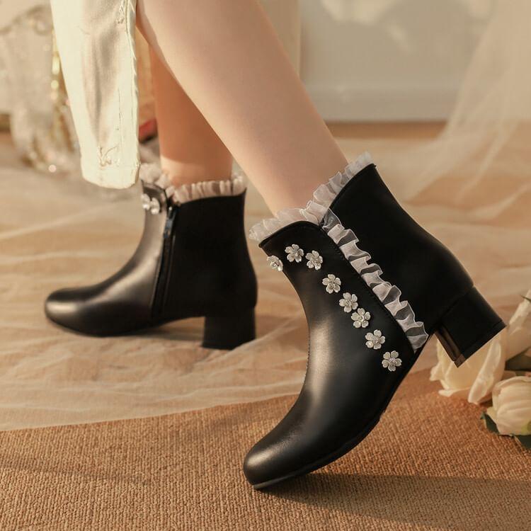 Flower Detail ruffle Chunky Heel Short Boots Product Image