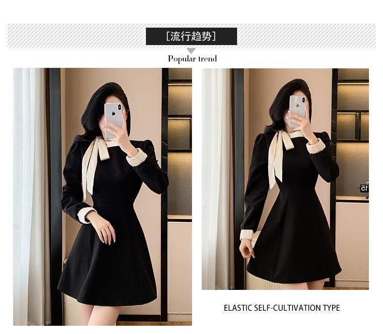 Long-Sleeve Plain Contrast Trim Bow Mini A-Line Dress Product Image