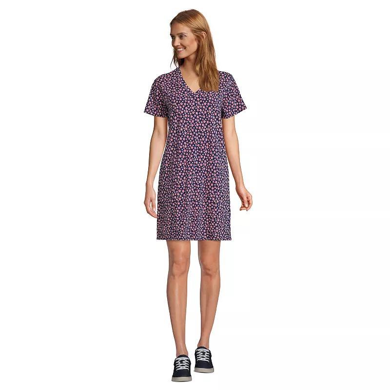 Petite Lands End V Neck Above Knee T-Shirt Dress, Womens Blue Striped Stars Product Image