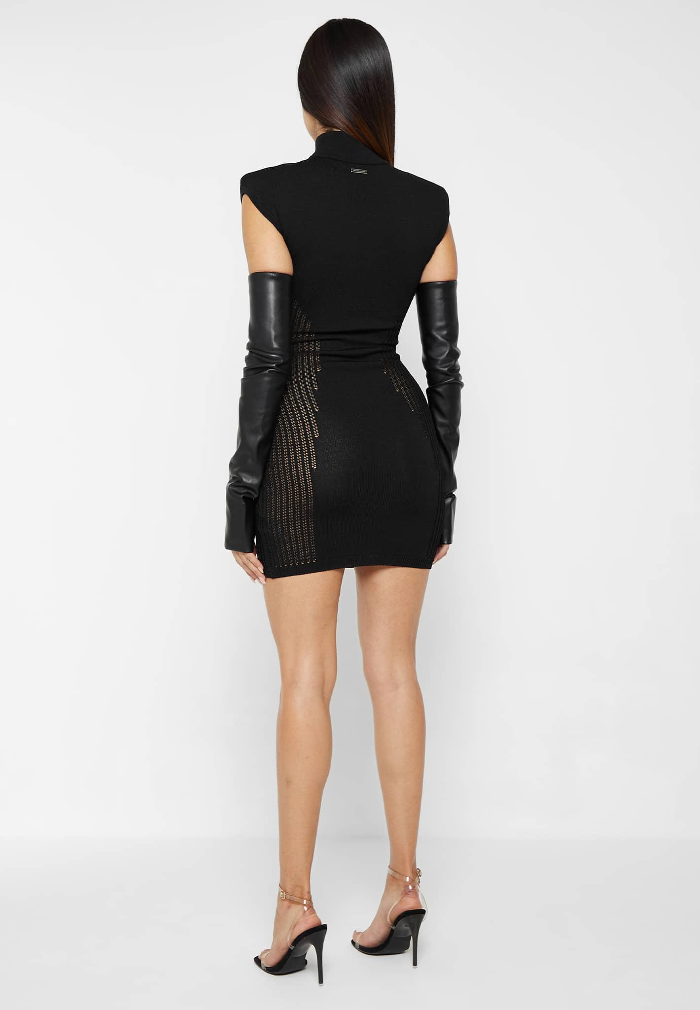 Knitted Contour Dress with Vegan Leather Sleeves - Black Female Product Image